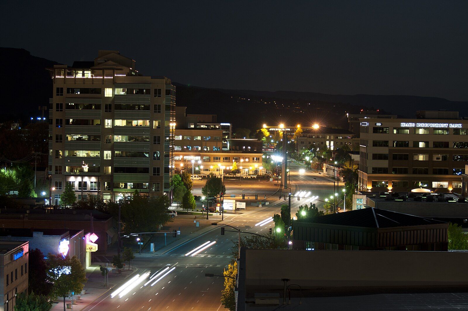 Front Street in downtown Boise at night
